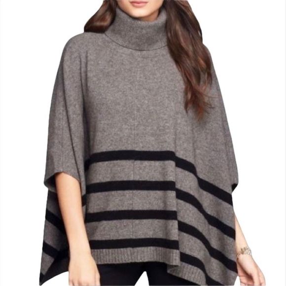 Tahari Wool & Yak Hair Striped Gray Poncho Cowl Neck Poncho Size S - Picture 1 of 7